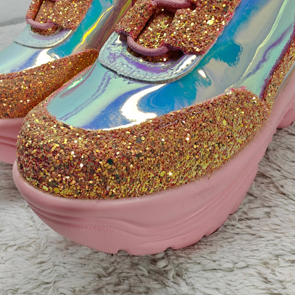 YRU Pink Holographic Glitter Chunky Platform Sneaker Shoe Sz7 Rave Festival Punk - Picture 7 of 10